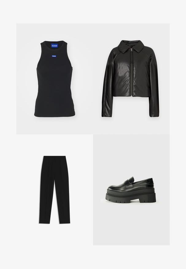 Mustat tekonahkaiset lyhyet takit, joissa on kauluksessa oleva kaulus ja vetoketjukiinnitys. Ominaisuuksiin kuuluu pitkät hihat ja sileä, kiiltävä pinta.; Mustapohjaista ribbikangasta oleva tankkitoppi, joka on valmistettu puuvillasta. Siinä on pyöreä kaula-aukko ja sininen logopainatus rinnassa. Suora helma alaosassa.; Mustat housut suoran istuvuuden kanssa, joissa on kaksinkertaiset laskokset, sileä pinta ja klassinen vyötärönauhan muotoilu. Ei näkyviä metalliosia tai koristeita.; Musta nahkakengät, joissa on muhkea pohja. Pyöristetty kärki, etusauman yksityiskohtia ja hienovaraisia ompeluaksentteja. Littee, kuvioitu ulkopohja.