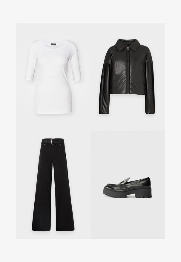 Sort kunstlæder cropped jakke med krave og lynlåslukning. Har lange ærmer og en glat, blank tekstur.; Hvid tætsiddende t-shirt med trekvartærmer, blød tekstur, rund halsudskæring og en sidelayoutdetalje nær kanten.; Sorte brede bukser lavet af bomuld, med høj talje, store sidelommer og en bæltestrop med sølvfarvede detaljer.; Sorte læder loafers med en tyk gummisål. Har en spændeaccent og stikninger langs overdelen. Flad hæl.