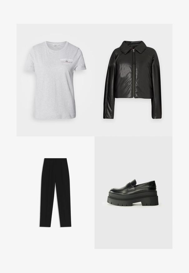 Black faux leather cropped jacket with a collared neckline and zip closure. Features long sleeves and smooth, glossy texture.; Light gray cotton t-shirt with a crew neck, short sleeves, and a printed logo in white and dark red on the left chest area.; Black trousers with a straight fit, featuring double pleats, a smooth texture, and a classic waistband design. No visible hardware or accents.; Black leather loafers with a chunky platform sole. Rounded toe, front seam detail, and subtle stitching accents. Flat, textured outsole.