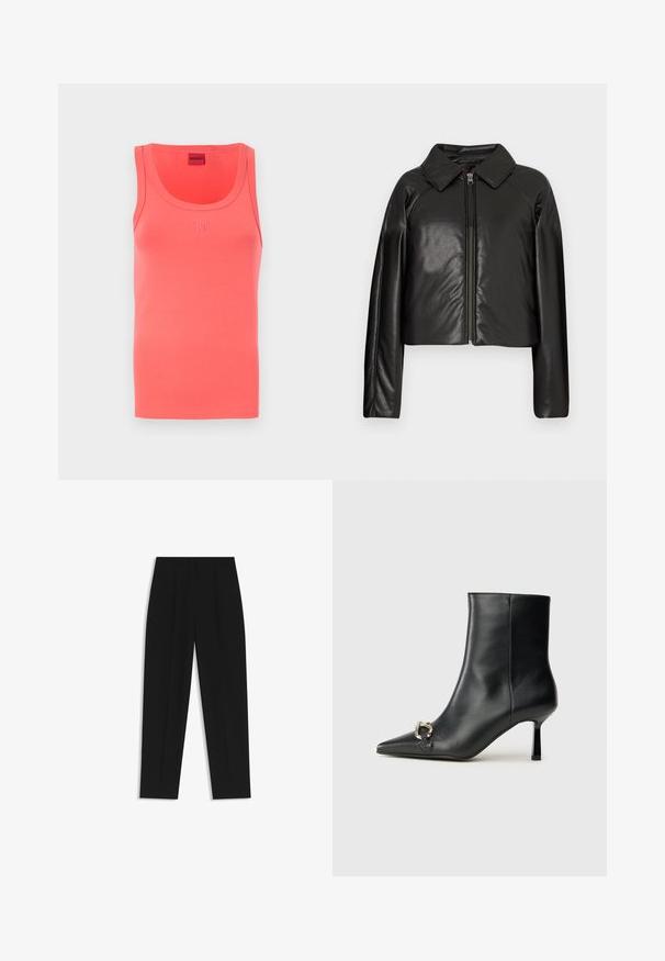 Schwarze Kunstleder-Cropped-Jacke mit Kragen und Reißverschluss. Mit langen Ärmeln und glatter, glänzender Textur.; Korallefarbener Tanktop mit Rundhalsausschnitt und taillierter Form. Mit dem geprägten Logo "HUGO" in passender Farbe auf der Vorderseite. Weicher Stoff.; Schwarze Hose mit geradem Schnitt, doppelten Falten, einer glatten Textur und einem klassischen Bunddesign. Keine sichtbaren Beschläge oder Akzente.; Schwarze Leder-Stiefelette mit spitzer Zehe, schlankem, mittelhohem Absatz und silberner Schnalle seitlich vor einem schlichten Hintergrund.