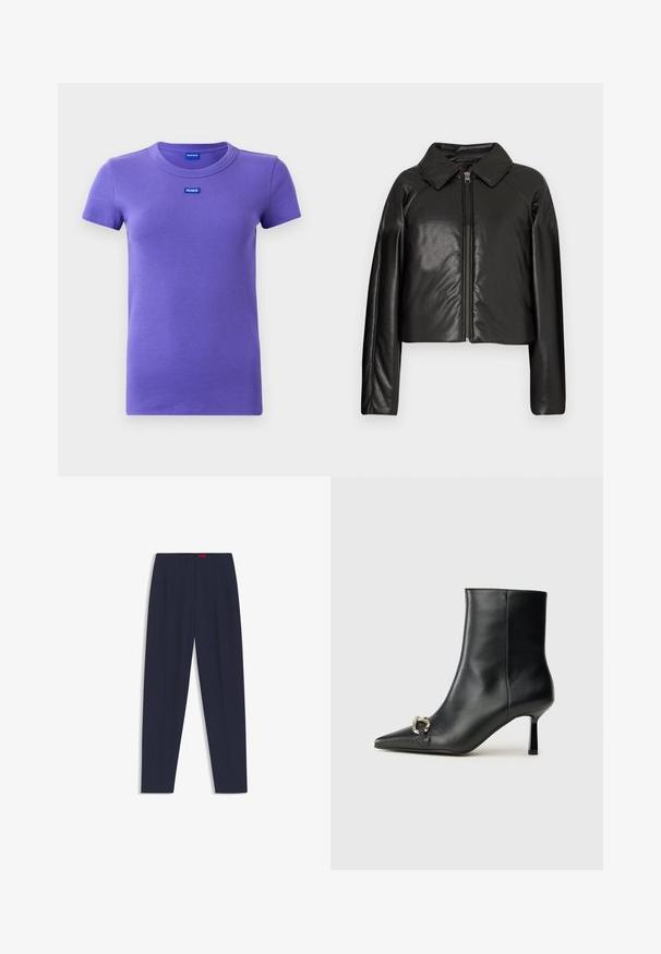 Black faux leather cropped jacket with a collared neckline and zip closure. Features long sleeves and smooth, glossy texture.; Purple short-sleeve ribbed knit t-shirt with round neckline and small blue "HUGO" logos on chest and inside collar.; Navy blue tailored trousers with a smooth texture, featuring front pleats and side pockets. Straight leg design and no visible embellishments.; Black leather ankle boot with pointed toe, slim mid-height heel, and silver buckle detail on side against plain background.