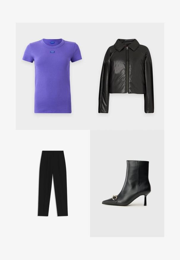 Giacca cropped nera in ecopelle con colletto e chiusura a zip. Caratterizzata da maniche lunghe e una texture liscia e lucida.; T-shirt a maniche corte in maglia ribattuta di colore viola con scollo rotondo e piccoli loghi blu "HUGO" sul petto e all'interno del colletto.; Pantaloni neri a taglio dritto, con doppie pieghe, una texture liscia e un design classico in vita. Nessun hardware o dettaglio visibile.; Stivale alla caviglia in pelle nera con punta affusolata, tacco sottile di media altezza e dettaglio in fibbia argentata sul lato, su sfondo semplice.