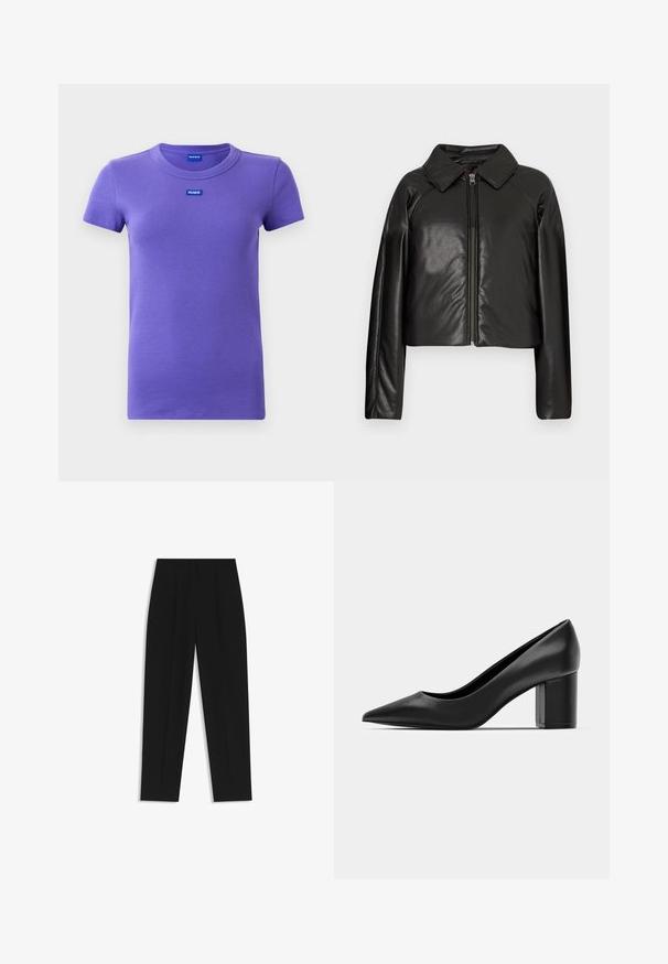 Sort kunstlæder cropped jakke med krave og lynlåslukning. Har lange ærmer og en glat, blank tekstur.; Lilla kortærmet ribbet strik T-shirt med rund halsudskæring og små blå "HUGO" logos på brystet og indvendigt i kraven.; Sorte bukser med lige pasform, der har dobbelte folder, en glat tekstur og et klassisk taljedesign. Ingen synlige hardware eller accenter.; Sorte læderpumper med spidse tæer og en chunky firkantet hæl. Glat tekstur, enkelt design, velegnet til formelle anledninger.