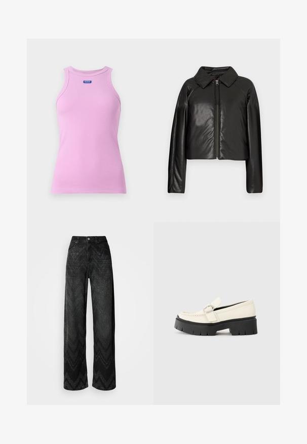 Čierna koženková skrátená bunda s golierom a zipsovým uzáverom. Má dlhé rukávy a hladký, lesklý povrch.; Ružový rebrovaný tielko s okrúhlym výstrihom a štítkom HUGO. Má priliehavý strih a bezrukávový dizajn, vyrobené z mäkkého materiálu.; Široké čierne džínsy s textúrou vzoru zigzag. Vyrobené z denimu, s predsadeným zapínaním na gombík a dvoma prednými vreckami.; Biele kožené mokasíny s robustnou čiernou platformou, zdobené obdĺžnikovou striebornou prackou a viditeľným šitím na vrchnej časti.