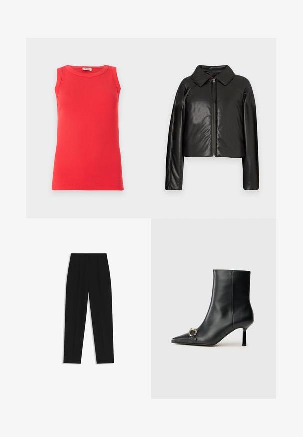Sort kunstlæder cropped jakke med krave og lynlåslukning. Har lange ærmer og en glat, blank tekstur.; Rød ærmeløs top lavet af ribbet stof, med rund halsudskæring og tætsiddende pasform. Minimalistisk design uden synlige mønstre eller detaljer.; Sorte bukser med lige pasform, der har dobbelte folder, en glat tekstur og et klassisk taljedesign. Ingen synlige hardware eller accenter.; Sort læder ankelstøvle med spidse tæer, slank hæl i mellemhøjde og sølvspænde detaljer på siden mod en ensfarvet baggrund.