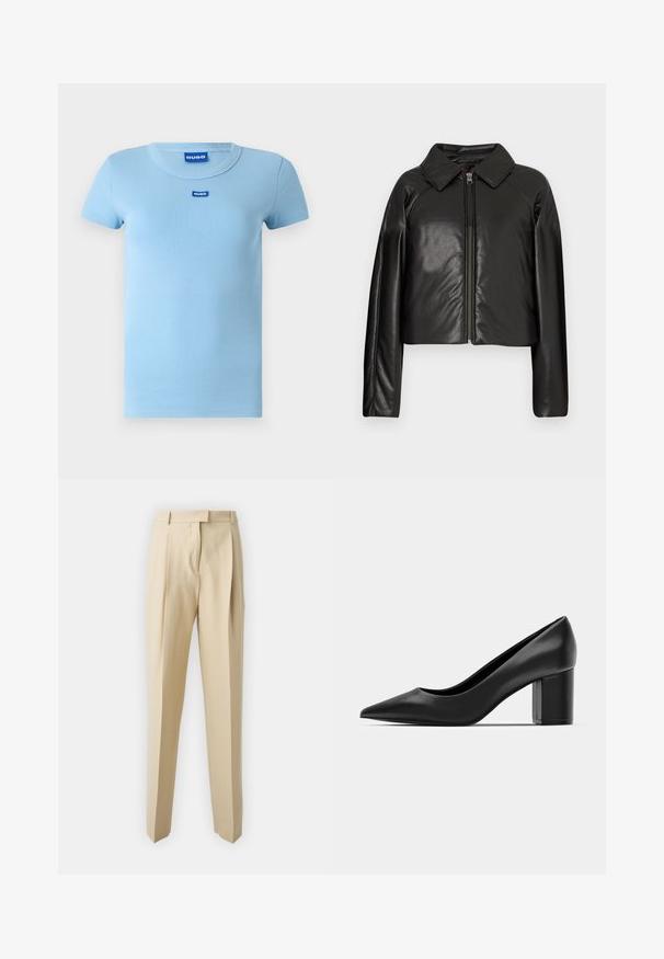 Svart, imitert skinn, cropped jakke med krage og glidelås. Har lange ermer og en jevn, glinsende overflate.; Lyseblå ribbestrikket t-skjorte med rund hals og korte ermer. Har en liten blå logoetikett på brystet. Glatt tekstur.; Beige skreddersydde bukser med rett snitt, med legg, belte og en glatt tekstur. Ingen synlige lommer eller pynt.; Sorte lærpumper med spiss tå og kraftig kvadratisk hæl. Glatt tekstur, enkelt design, passende for formelle anledninger.