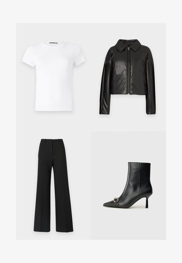 Black faux leather cropped jacket with a collared neckline and zip closure. Features long sleeves and smooth, glossy texture.; White short-sleeve t-shirt made from ribbed cotton fabric. Features a round neckline and a fitted design with a smooth texture.; Black wide-leg trousers with a tailored design, featuring a smooth texture and subtle pleats at the front. No visible hardware or patterns.; Black leather ankle boot with pointed toe, slim mid-height heel, and silver buckle detail on side against plain background.