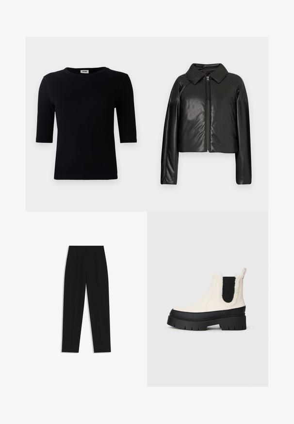 Black faux leather cropped jacket with a collared neckline and zip closure. Features long sleeves and smooth, glossy texture.; Black ribbed t-shirt with a round neckline and three-quarter sleeves. The fabric has a smooth texture and straight hemline. No visible branding.; Black trousers with a straight fit, featuring double pleats, a smooth texture, and a classic waistband design. No visible hardware or accents.; Chunky platform ankle boots with a white upper, black rubber sole, and contrasting black elastic side panels. Faux fur trim at the top edge.