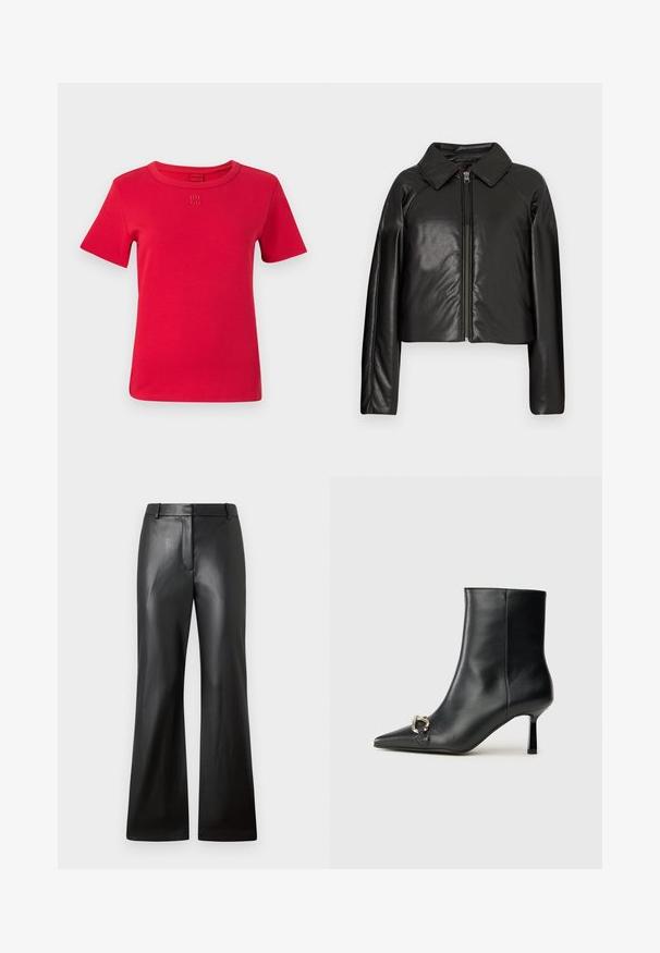 Juodas dirbtinės odos trumpas švarkas su koloratu ir užtrauktuku. Turi ilgomis rankovėmis ir lygią, blizgią tekstūrą.; Raudona medvilninė marškinė su trumpomis rankovėmis, apvaliu iškirpimu ir siuvinėtu "HUGO" logotipu ant krūtinės. Lygi tekstūra ir paprastas dizainas.; Juodos odinės kelnės su lygia tekstūra, plačių kojų dizainu ir vidutinio aukščio juosmeniu, kuriame yra diržo kilpos ir priekinės kišenės.; Juodas odinis apavas iki kulkšnies su smailiu nosiu, plonu vidutinio aukščio kulnu ir sidabriniu sagties akcentu šone, prieš paprastą foną.