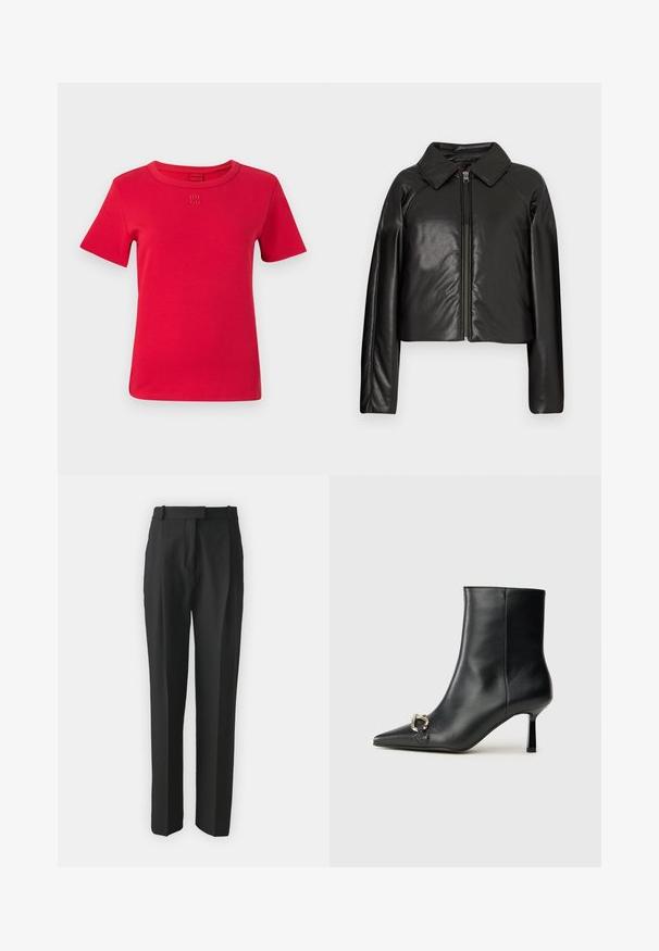 Black faux leather cropped jacket with a collared neckline and zip closure. Features long sleeves and smooth, glossy texture.; Red cotton t-shirt with short sleeves, round neckline, and embroidered "HUGO" logo on the chest. Smooth texture and simple design.; Black tailored trousers made from lightweight fabric, featuring a straight cut, flat front, and belt loops. Smooth texture with no visible patterns.; Black leather ankle boot with pointed toe, slim mid-height heel, and silver buckle detail on side against plain background.