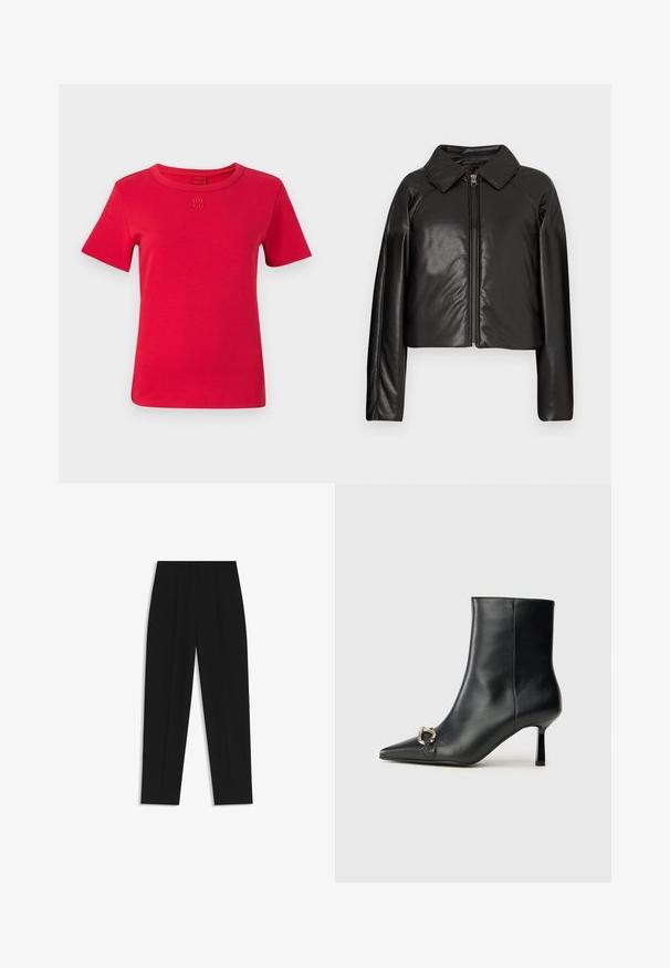 Sort kunstlæder cropped jakke med krave og lynlåslukning. Har lange ærmer og en glat, blank tekstur.; Rød bomulds T-shirt med korte ærmer, rund halsudskæring og broderet "HUGO" logo på brystet. Glat tekstur og enkelt design.; Sorte bukser med lige pasform, der har dobbelte folder, en glat tekstur og et klassisk taljedesign. Ingen synlige hardware eller accenter.; Sort læder ankelstøvle med spidse tæer, slank hæl i mellemhøjde og sølvspænde detaljer på siden mod en ensfarvet baggrund.