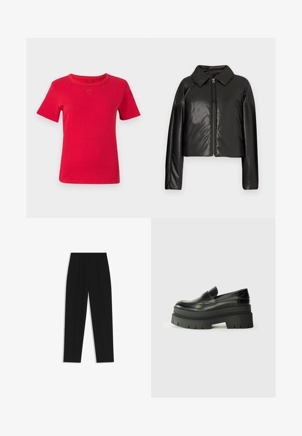 Schwarze Kunstleder-Cropped-Jacke mit Kragen und Reißverschluss. Mit langen Ärmeln und glatter, glänzender Textur.; Rotes Baumwoll-T-Shirt mit kurzen Ärmeln, Rundhalsausschnitt und gesticktem "HUGO"-Logo auf der Brust. Glatte Textur und einfaches Design.; Schwarze Hose mit geradem Schnitt, doppelten Falten, einer glatten Textur und einem klassischen Bunddesign. Keine sichtbaren Beschläge oder Akzente.; Schwarze Lederloafer mit einer klobigen Plateausohle. Abgerundete Spitze, Nahtdetail auf der Vorderseite und dezente Nähte. Flache, strukturierte Außensohle.