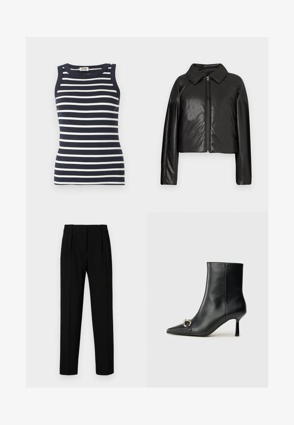 Černá faux kůže zkrácená bunda s límečkem a zipem. Obsahuje dlouhé rukávy a hladký, lesklý povrch.; Námořnická modrá a bílá pruhovaná tílko vyrobené z ribstopu, s kulatým výstřihem a bezrukávovým designem.; Černé oblekové kalhoty se straight fit střihem, předními záhyby, lesklým materiálem a středním pasem. Bez viditelných kapes nebo kovových detailů.; Černá kožená kotníková bota s špičatou špičkou, úzkým středně vysokým podpatkem a stříbrnou sponou na straně, na jednobarevném pozadí.