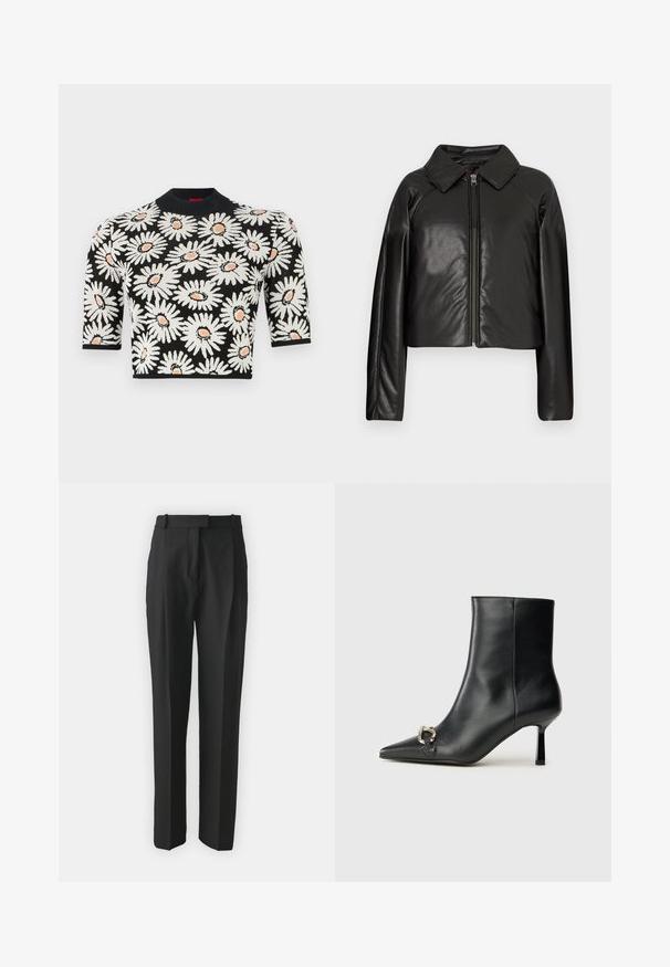 Černá faux kůže zkrácená bunda s límečkem a zipem. Obsahuje dlouhé rukávy a hladký, lesklý povrch.; Pletený top s černým pozadím, na kterém jsou bílé sedmikrásky s oranžovými středy. Krátké rukávy a kulatý výstřih. Texturovaná tkanina.; Černé kalhoty na míru vyrobené z lehkého materiálu, s rovnými nohavicemi, plochým předním dílem a poutek na opasek. Hladký povrch bez viditelných vzorů.; Černá kožená kotníková bota s špičatou špičkou, úzkým středně vysokým podpatkem a stříbrnou sponou na straně, na jednobarevném pozadí.
