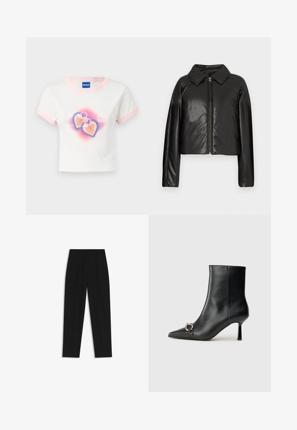 Czarna krótka kurtka z sztucznej skóry z kołnierzykiem i zapięciem na zamek. Posiada długie rękawy oraz gładką, błyszczącą fakturę.; Biała bawełniana koszulka z krótkim rękawem z pastelowym różowym wykończeniem. Na koszulce znajduje się grafika dwóch kłódek w kształcie serca z kolorowym gradientowym tłem.; Czarne spodnie o prostym kroju, z podwójnymi zakładkami, gładką teksturą i klasycznym krojem w talii. Bez widocznych elementów metalowych ani akcentów.; Czarny skórzany botek za kostkę z szpiczastym noskiem, smukłym średnim obcasem i srebrnym zapięciem po boku na jednolitym tle.