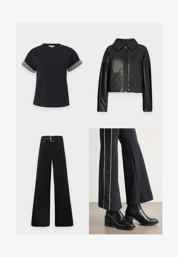 Juodas dirbtinės odos trumpas švarkas su koloratu ir užtrauktuku. Turi ilgomis rankovėmis ir lygią, blizgią tekstūrą.; Juoda marškinėliai su apvaliu iškirpimu ir trumpomis, susuktomis rankovėmis, papuoštos sidabriniais kristalais palei apatinį kraštą. Minkšta audinio tekstūra.; Juodos plačios kojų kelnės, pagamintos iš medvilnės, su aukšta liemene, didelėmis šoninėmis kišenėmis ir diržu, papuoštu sidabriniais akcentais.; Juodi odiniai auliniai batai su plataus bloko kulnu, turintys elastines šonines dalis. Sukomplektuoti su juodomis kelnėmis, turinčiomis baltą šoninės juostą.