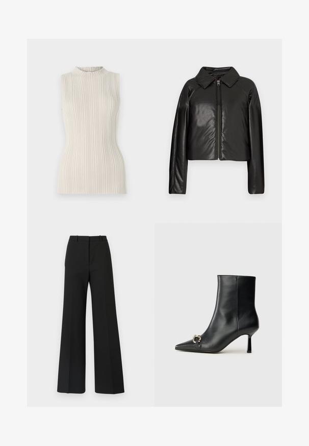 Jaqueta cropped de couro sintético preta com gola e fecho de zíper. Apresenta mangas longas e uma textura lisa e brilhante.; Top sem mangas em bege claro, com um acabamento canelado e um decote alto e franzido. A silhueta ajustada realça a forma.; Calças largas pretas com um design sob medida, apresentando uma textura suave e pregas subtis na frente. Sem detalhes ou padrões visíveis.; Bota preta de couro até ao tornozelo com bico apontado, salto slim de altura média e detalhe em fivela prateada de lado, contra um fundo simples.