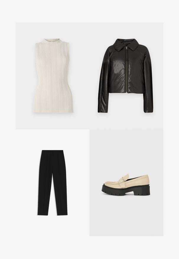 Black faux leather cropped jacket with a collared neckline and zip closure. Features long sleeves and smooth, glossy texture.; Sleeveless top in light beige, featuring a ribbed texture and a high, gathered neckline. Fitted silhouette enhances form.; Black trousers with a straight fit, featuring double pleats, a smooth texture, and a classic waistband design. No visible hardware or accents.; Beige leather loafers with black chunky sole, featuring a decorative buckle and stitching detail on the front. Side view.