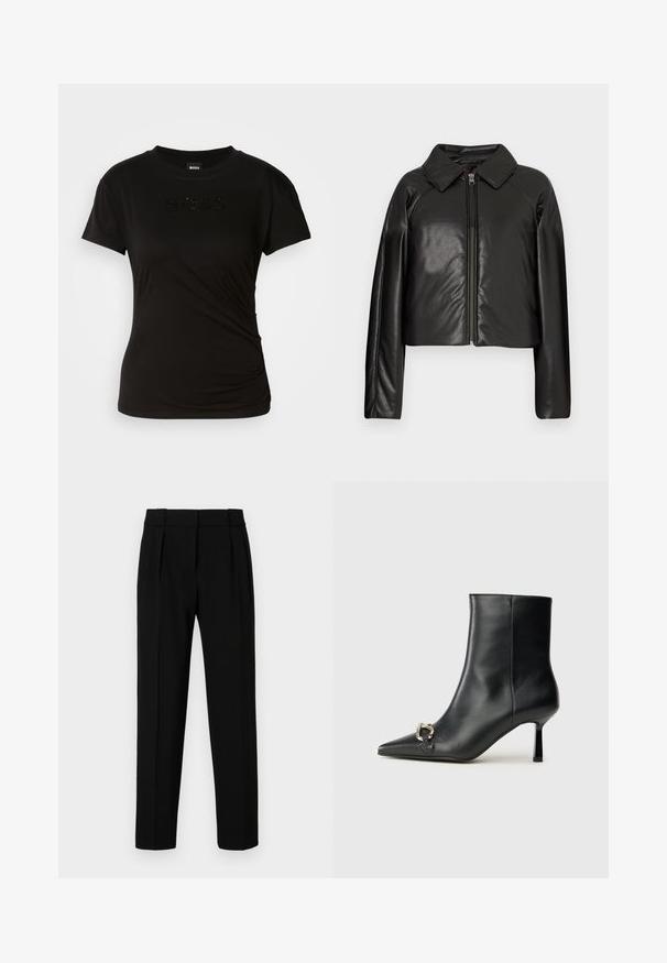 Svart, imitert skinn, cropped jakke med krage og glidelås. Har lange ermer og en jevn, glinsende overflate.; Svart t-skjorte laget av mykt stoff, med korte ermer og rund halsutringning. Ordet "BOSS" er brodert med glitrende svarte detaljer.; Svarte skreddersydde bukser med rett passform, plisserte foran, polert stoff og medium midje. Ingen synlige lommer eller detaljer i beslag.; Sorte lær ankle boot med spiss tå, slank mid-høyde hæl og sølvspenne på siden mot en enkel bakgrunn.