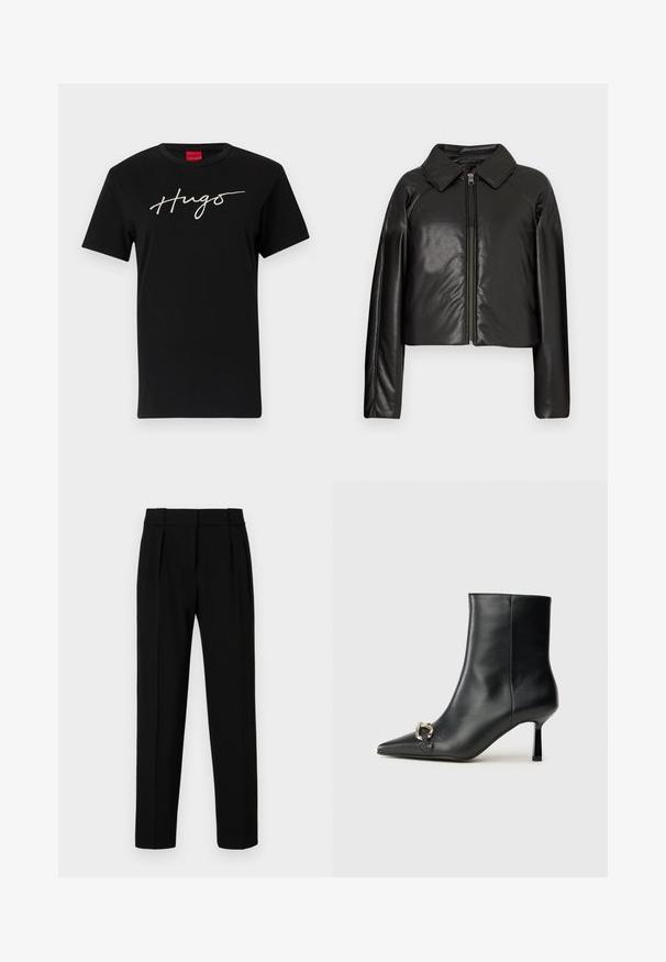 Jachetă cropped din faux leather negru, cu guler și închidere cu fermoar. Prezintă mâneci lungi și o textură netedă, lucioasă.; Tricou din bumbac negru, cu mâneci scurte și decolteu rotund. Prezintă cuvântul "Îmbrățișări" scris în stil cursiv, imprimat într-o culoare deschisă reflectorizantă pe piept.; Pantaloni negri personalizați, cu o croială dreaptă, față pliată, țesătură lucioasă și talie medie. Fără buzunare vizibile sau detalii de metal.; Botine negre din piele, cu vârf ascuțit, toc subțire de înălțime medie și detaliu cu cataramă argintie pe lateral, pe un fundal simplu.