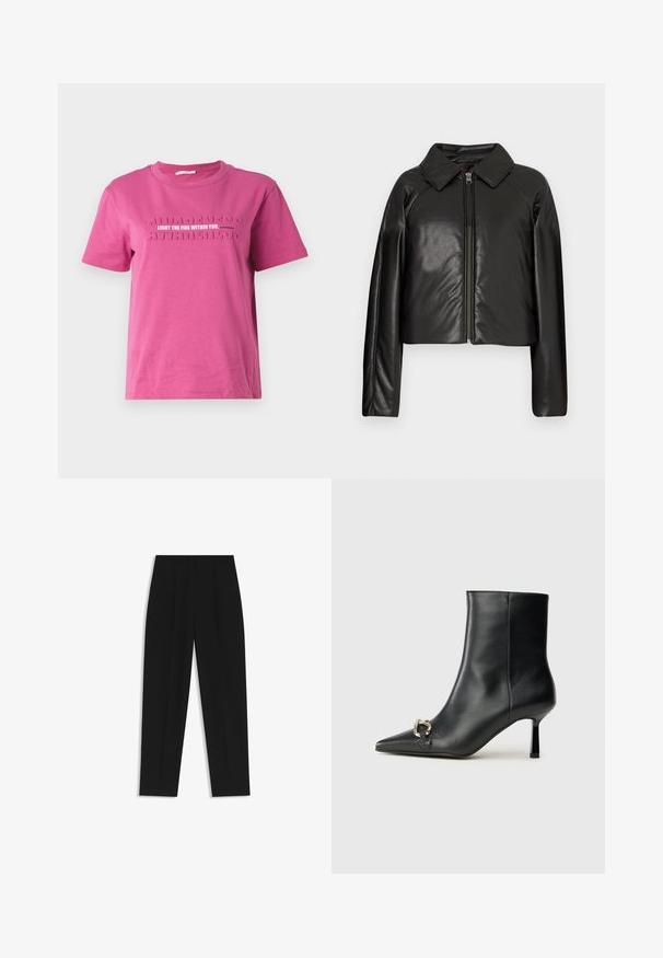 Mustat tekonahkaiset lyhyet takit, joissa on kauluksessa oleva kaulus ja vetoketjukiinnitys. Ominaisuuksiin kuuluu pitkät hihat ja sileä, kiiltävä pinta.; Valkoinen puuvillainen t-paita lyhyillä hihoilla, jossa on kohotettu teksti "SYTYTÄ VALON SISELTÄSI" ja toistuva "TIEDOSTAMINEN" -kuvio.; Mustat housut suoran istuvuuden kanssa, joissa on kaksinkertaiset laskokset, sileä pinta ja klassinen vyötärönauhan muotoilu. Ei näkyviä metalliosia tai koristeita.; Musta nahkasaapas nilkkapituisilla, terävillä kärjillä, hoikalla keskipituisella korolla ja hopeavöillä sivussa yksinkertaista taustaa vasten.