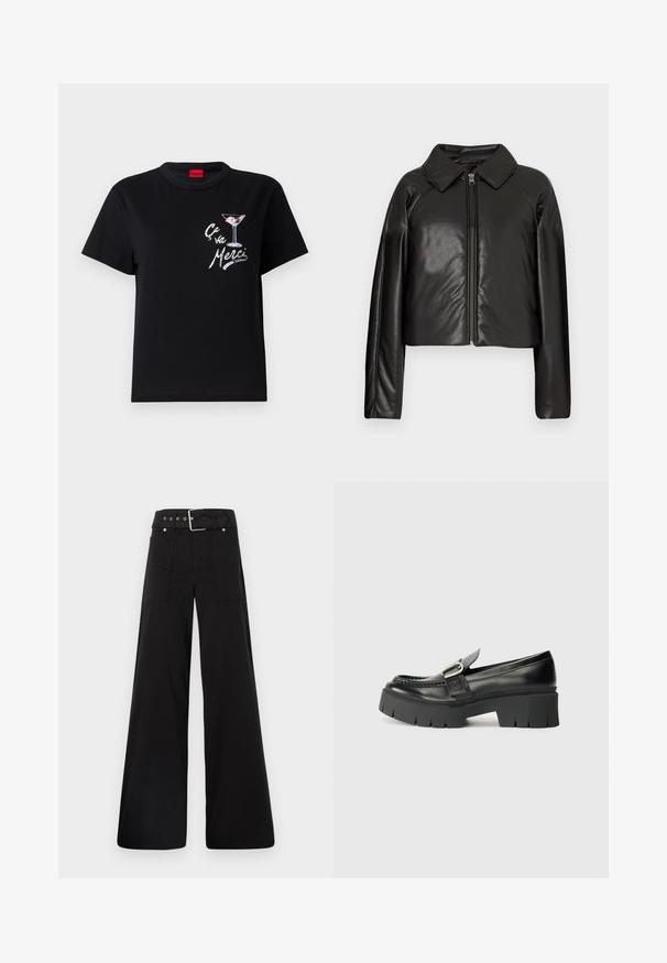 Mustat tekonahkaiset lyhyet takit, joissa on kauluksessa oleva kaulus ja vetoketjukiinnitys. Ominaisuuksiin kuuluu pitkät hihat ja sileä, kiiltävä pinta.; Musta puuvillane t-särk lühikeste varrukatega, millel on valge ja roosa graafika martini klaasist ning tekst "Ça va Merci" mängulises fonts.; Mustat leveälahkeiset housut, jotka on valmistettu puuvillasta. Ne ovat korkeavyötäröiset, suuriin sivutaskuihin ja vyön kanssa varustettu, jossa on hopeanväriset yksityiskohdat.; Mustat nahka loafersit, joissa on paksu kumipohja. Varustettu solkiyksityiskohdalla ja yläsivun ompeluyksityiskohdalla. Tasakorko.