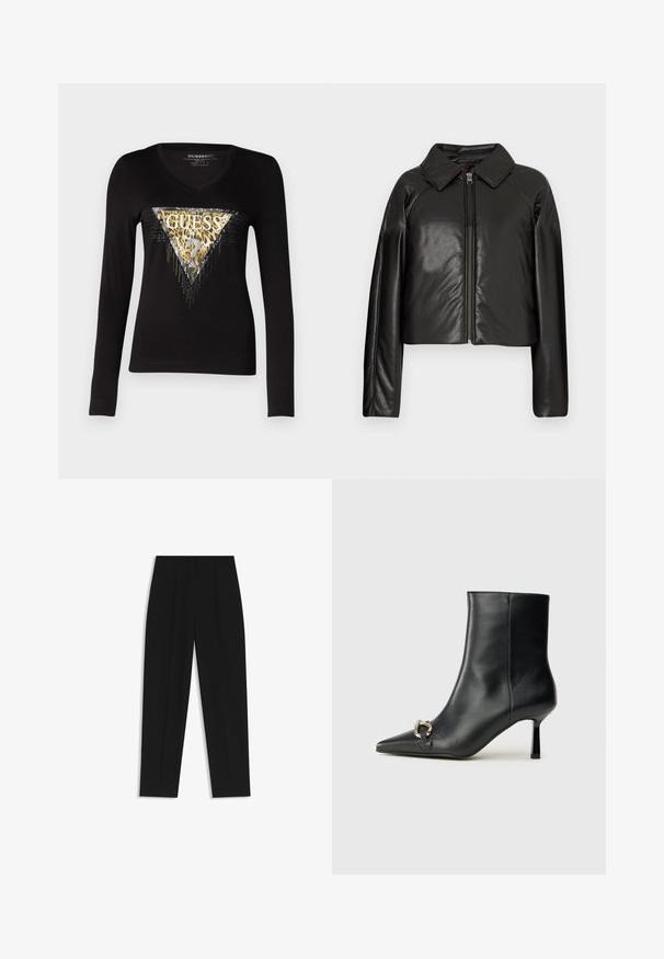 Schwarze Kunstleder-Cropped-Jacke mit Kragen und Reißverschluss. Mit langen Ärmeln und glatter, glänzender Textur.; Guess TRIANGLE TIGER - Langarmshirt - jet black; Schwarze Hose mit geradem Schnitt, doppelten Falten, einer glatten Textur und einem klassischen Bunddesign. Keine sichtbaren Beschläge oder Akzente.; Schwarze Leder-Stiefelette mit spitzer Zehe, schlankem, mittelhohem Absatz und silberner Schnalle seitlich vor einem schlichten Hintergrund.