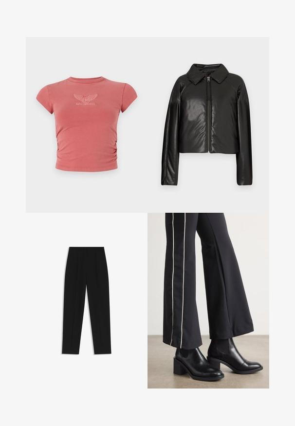 Black faux leather cropped jacket with a collared neckline and zip closure. Features long sleeves and smooth, glossy texture.; Short-sleeve, fitted t-shirt in dusty rose with gathered side detail and embroidered "GUESS ORIGINALS" logo in white on the chest.; Black trousers with a straight fit, featuring double pleats, a smooth texture, and a classic waistband design. No visible hardware or accents.; Black leather ankle boots with a block heel, featuring elastic side panels. Paired with black pants that have a white side stripe.