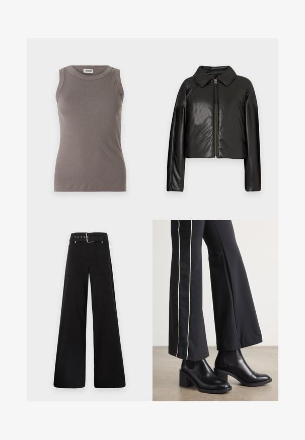 Schwarze Kunstleder-Cropped-Jacke mit Kragen und Reißverschluss. Mit langen Ärmeln und glatter, glänzender Textur.; Graues, geripptes Tanktop mit rundem Ausschnitt und ärmellosem Design, hergestellt aus einem weichen, strukturierten Stoff. Schlichte, taillierte Silhouette.; Schwarze weitgeschnittene Hose aus Baumwolle, mit hoher Taille, großen Seitentaschen und einem taillierten Bund mit silbernen Hardware-Akzenten.; Schwarze Lederstiefeletten mit einem Blockabsatz, ausgestattet mit elastischen seitlichen Einsätzen. Kombiniert mit schwarzen Hosen, die einen weißen Seitenstreifen haben.