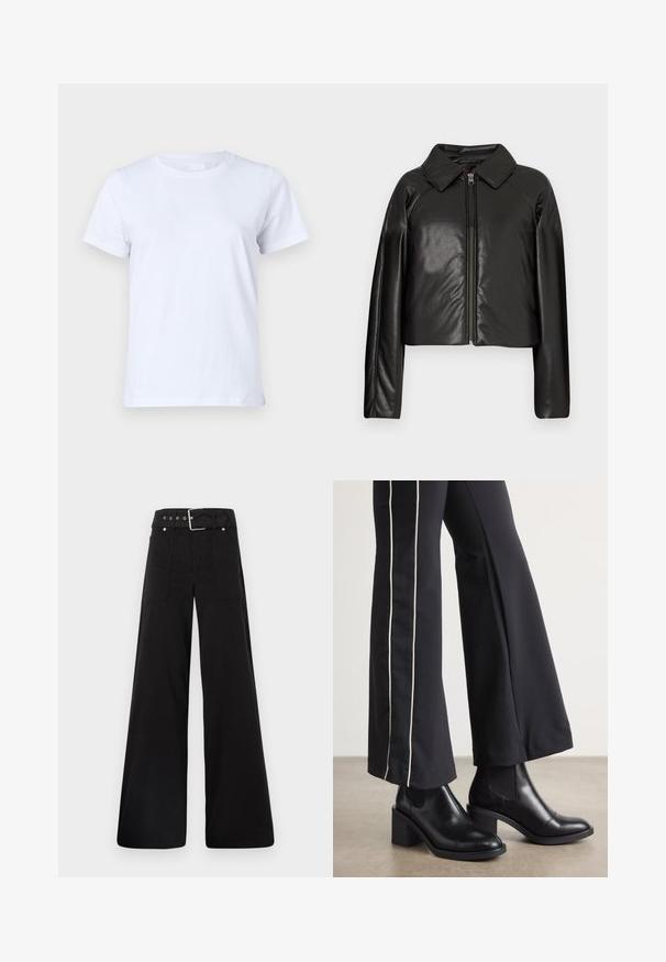 Melnā mākslīgā āda īsā jaka ar apkakles apkakli un rāvējslēdzēja aizdari. Iespējas garas piedurknes un gluda, spīdīga tekstūra.; Balta kokvilnas T-krekls, īsas piedurknes, klasiskas apaļas kakla izgriezuma dizains, vienkārša tekstūra bez ornamentiem vai akcentiem, standarta piegriezums, vienkāršs un daudzveidīgs.; Melna platā kāju bikses, izgatavotas no kokvilnas, ar augstu jostasvietu, lieliem sānu kabatām un jostu ar sudraba detaļām.; Melnas ādas potīšu zābaki ar blokveida papēdi, aprīkoti ar elastīgām sānu paneļiem. Kombinēti ar melniem biksēm, kuru sānos ir baltas svītras.