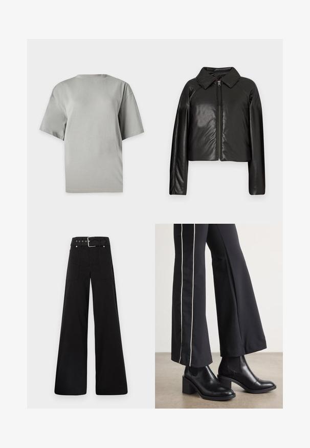 Svart, imitert skinn, cropped jakke med krage og glidelås. Har lange ermer og en jevn, glinsende overflate.; Grå oversized t-skjorte laget av myk bomull. Har en rund hals og korte ermer, med en jevn tekstur og uten mønstre.; Sorte vidde bukser laget av bomull, med høy midje, store sidelommer og belte med sølv detaljer.; Sorte skinn ankle boots med blokkhæl, med elastiske sidepaneler. Kombinert med sorte bukser som har en hvit sidestripe.