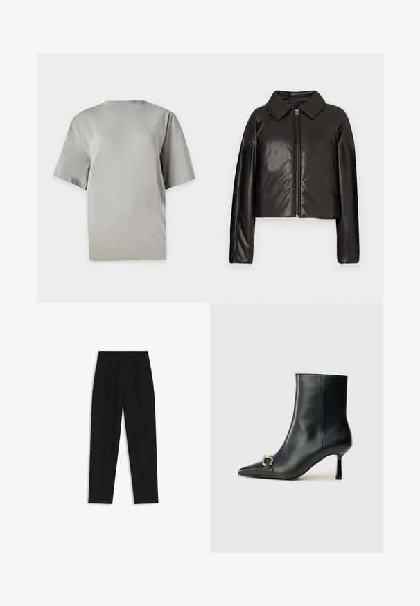 Giacca cropped nera in ecopelle con colletto e chiusura a zip. Caratterizzata da maniche lunghe e una texture liscia e lucida.; T-shirt grigia oversize realizzata in morbido cotone. Presenta un collo rotondo e maniche corte, con una superficie liscia e priva di motivi.; Pantaloni neri a taglio dritto, con doppie pieghe, una texture liscia e un design classico in vita. Nessun hardware o dettaglio visibile.; Stivale alla caviglia in pelle nera con punta affusolata, tacco sottile di media altezza e dettaglio in fibbia argentata sul lato, su sfondo semplice.
