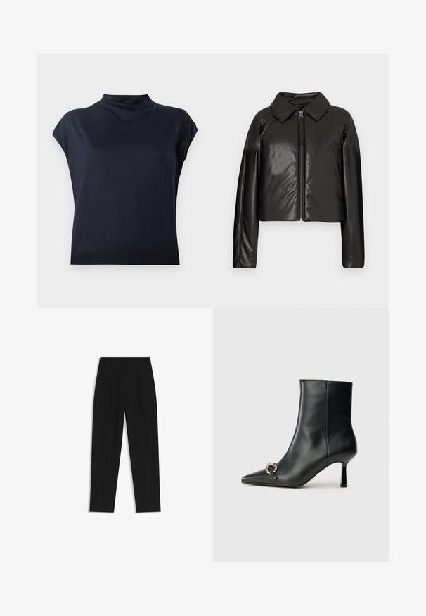 Black faux leather cropped jacket with a collared neckline and zip closure. Features long sleeves and smooth, glossy texture.; Navy blue, short-sleeve top with a high neck. Smooth fabric with a slight sheen and a relaxed fit. Simple, minimalist design, no visible patterns.; Black trousers with a straight fit, featuring double pleats, a smooth texture, and a classic waistband design. No visible hardware or accents.; Black leather ankle boot with pointed toe, slim mid-height heel, and silver buckle detail on side against plain background.
