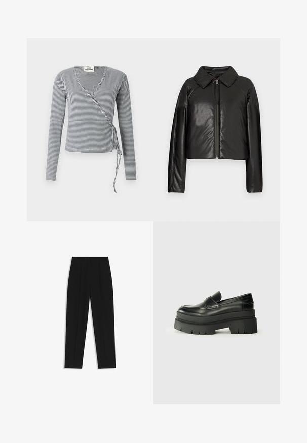 Zwarte faux leren cropped jack met een kraag en ritssluiting. Heeft lange mouwen en een soepele, glanzende textuur.; Langsleeve wikkeltop gemaakt van gladde stof met marineblauw en witte strepen, V-hals en een striksluiting aan de linkerkant.; Zwarte broeken met een rechte pasvorm, voorzien van dubbele plooien, een zachte textuur en een klassiek taillebandontwerp. Geen zichtbare hardware of accenten.; Zwarte lederen loafers met een chunky plateauzool. Rondere neus, naden aan de voorkant en subtiele stikselaccenten. Vlakke, gestructureerde buitenzool.