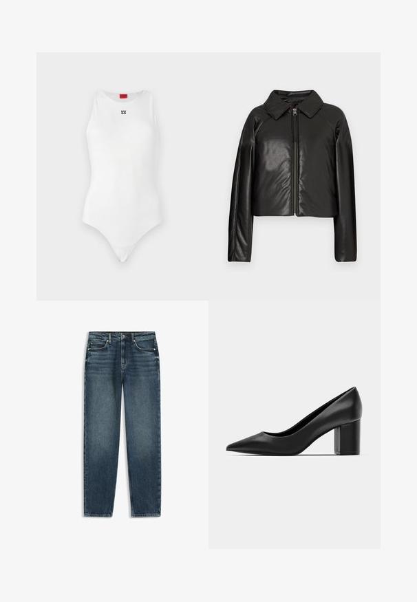 Zwarte faux leren cropped jack met een kraag en ritssluiting. Heeft lange mouwen en een soepele, glanzende textuur.; Witte bodysuit met mouwloos ontwerp, ronde halslijn en minimaal zwart "HUGO" logo aan de voorkant. Gladde textuur en aansluitende pasvorm.; Donkerblauwe spijkerbroek met een rechte pasvorm, voorzien van vervaagde plekken, vijf zakken en metalen hardware op de tailleband en zakken.; Zwarte leren pump met een spitse neus en een chunky vierkante hak. Glad textuur, eenvoudig ontwerp, geschikt voor formele gelegenheden.