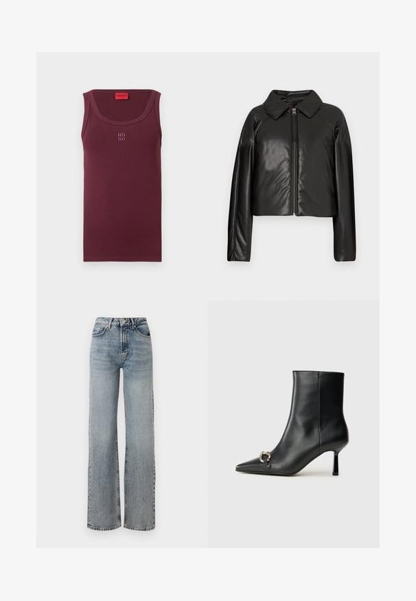Melnā mākslīgā āda īsā jaka ar apkakles apkakli un rāvējslēdzēja aizdari. Iespējas garas piedurknes un gluda, spīdīga tekstūra.; Burgundijas krāsas kokvilnas bezroku krekls ar apaļu izgriezumu un nelielu izšūtu "HUGO" logotipu priekšpusē.; Gaiši zili džinsus ar augstu jostasvietu, platām kājām, izbalējušu apdari un pavisam nedaudz nolietojumu detaļām. Klasisks piecu kabatu dizains.; Melnā ādas potīšu zābaku ar smailu purngalu, šauru vidēja augstuma papēdi un sudraba sprādzi sānos uz vienkrāsaina fona.