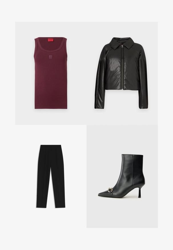 Schwarze Kunstleder-Cropped-Jacke mit Kragen und Reißverschluss. Mit langen Ärmeln und glatter, glänzender Textur.; Bordeauxrotes Tanktop aus Baumwolle mit rundem Ausschnitt, ärmellosem Design und kleinem, besticktem "HUGO"-Logo auf der Vorderseite.; Schwarze Hose mit geradem Schnitt, doppelten Falten, einer glatten Textur und einem klassischen Bunddesign. Keine sichtbaren Beschläge oder Akzente.; Schwarze Leder-Stiefelette mit spitzer Zehe, schlankem, mittelhohem Absatz und silberner Schnalle seitlich vor einem schlichten Hintergrund.