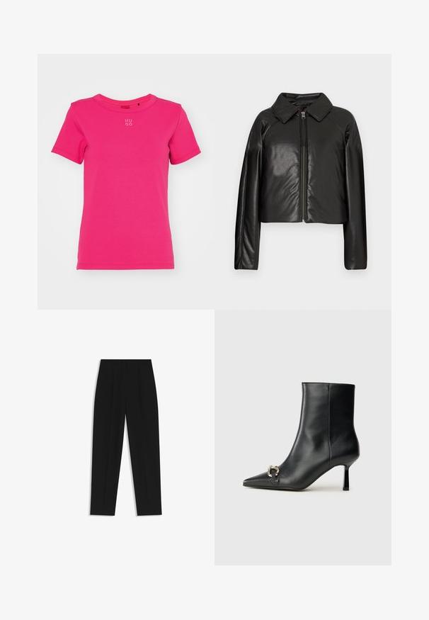 Giacca cropped nera in ecopelle con colletto e chiusura a zip. Caratterizzata da maniche lunghe e una texture liscia e lucida.; HUGO DELORIS - T-shirt basic - bright pink; Pantaloni neri a taglio dritto, con doppie pieghe, una texture liscia e un design classico in vita. Nessun hardware o dettaglio visibile.; Stivale alla caviglia in pelle nera con punta affusolata, tacco sottile di media altezza e dettaglio in fibbia argentata sul lato, su sfondo semplice.