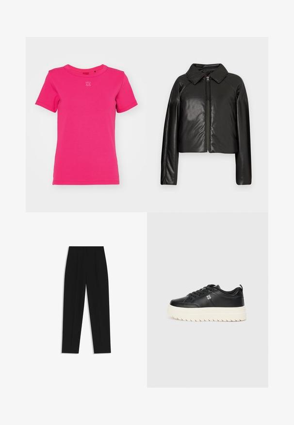 Black faux leather cropped jacket with a collared neckline and zip closure. Features long sleeves and smooth, glossy texture.; HUGO DELORIS - Basic T-shirt - bright pink; Black trousers with a straight fit, featuring double pleats, a smooth texture, and a classic waistband design. No visible hardware or accents.; Black leather sneaker with a chunky white sole, round toe, and flat laces; features "HUGO" logo on the side and textured sole for grip.