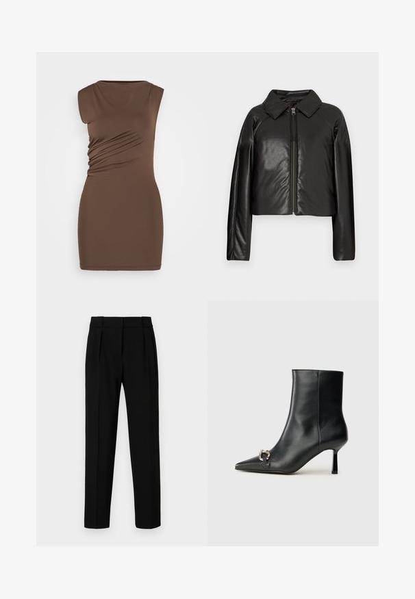Veste cropped en simili cuir noir avec un col et fermeture zippée. Dispose de longues manches et d'une texture lisse et brillante.; Robe marron sans manches avec une silhouette ajustée. Présente un froncé sur les côtés et un tissu lisse et extensible. Col rond simple, longueur au-dessus du genou.; Pantalons noirs ajustés avec une coupe droite, devant plissé, tissu brillant et taille moyenne. Pas de poches visibles ni de détails métalliques.; Bottine en cuir noir avec un bout pointu, un talon moyen fin et un détail de boucle en argent sur le côté, se détachant sur un fond uni.