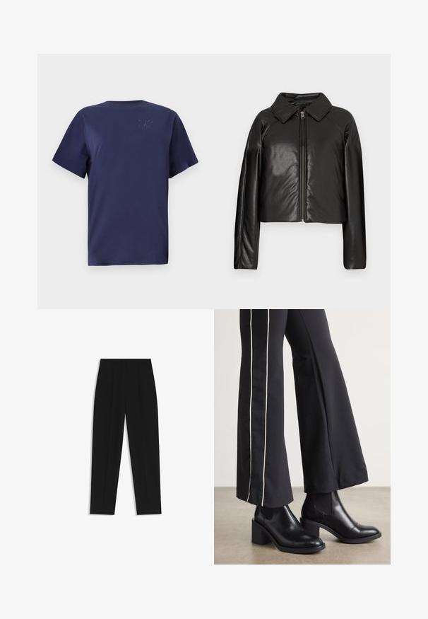 Black faux leather cropped jacket with a collared neckline and zip closure. Features long sleeves and smooth, glossy texture.; Navy blue short-sleeve T-shirt made from soft cotton with a round neckline and embossed logo detail on the left chest.; Black trousers with a straight fit, featuring double pleats, a smooth texture, and a classic waistband design. No visible hardware or accents.; Black leather ankle boots with a block heel, featuring elastic side panels. Paired with black pants that have a white side stripe.