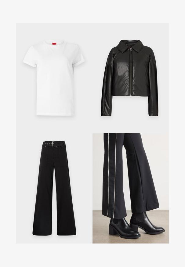 Giacca cropped nera in ecopelle con colletto e chiusura a zip. Caratterizzata da maniche lunghe e una texture liscia e lucida.; T-shirt bianco a maniche corte realizzato in cotone leggero. Presenta un collo rotondo e maniche arrotolate. Etichetta rossa con logo sul colletto.; Pantaloni neri a gamba larga realizzati in cotone, con vita alta, ampie tasche laterali e vita con cintura arricchita da dettagli in metallo argentato.; Stivaletti in pelle nera con tacco a blocco, dotati di pannelli elastici sui lati. Abbinati a pantaloni neri con una striscia bianca laterale.