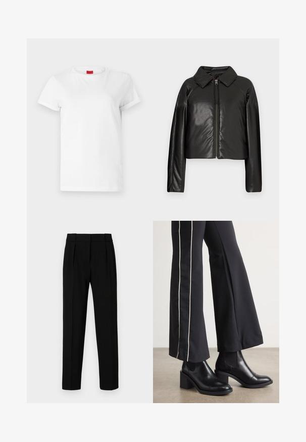 Giacca cropped nera in ecopelle con colletto e chiusura a zip. Caratterizzata da maniche lunghe e una texture liscia e lucida.; T-shirt bianco a maniche corte realizzato in cotone leggero. Presenta un collo rotondo e maniche arrotolate. Etichetta rossa con logo sul colletto.; Pantaloni neri su misura con vestibilità dritta, fronte plissettato, tessuto lucido e vita media. Nessuna tasca visibile o dettagli in metallo.; Stivaletti in pelle nera con tacco a blocco, dotati di pannelli elastici sui lati. Abbinati a pantaloni neri con una striscia bianca laterale.