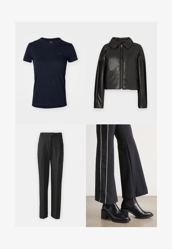 Juodas dirbtinės odos trumpas švarkas su koloratu ir užtrauktuku. Turi ilgomis rankovėmis ir lygią, blizgią tekstūrą.; Tamsiai mėlynos spalvos trumpomis rankovėmis marškinėliai, pagaminti iš minkštos medžiagos. Suapvalintas iškirpimas ir subtilus spaudintas logo priekyje.; Juodi pritaikyti kelnes pagamintos iš lengvos medžiagos, turinčios tiesų kirpimą, plokščią priekinę dalį ir diržo kilpas. Lygus paviršius be matomų raštų.; Juodi odiniai auliniai batai su plataus bloko kulnu, turintys elastines šonines dalis. Sukomplektuoti su juodomis kelnėmis, turinčiomis baltą šoninės juostą.