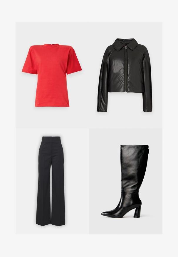 Juodas dirbtinės odos trumpas švarkas su koloratu ir užtrauktuku. Turi ilgomis rankovėmis ir lygią, blizgią tekstūrą.; Trumpas rankovėmis raudonas marškinėlis, pagamintas iš lygaus audinio, su apvaliu kaklu ir laisvu kirpimu. Paprastas dizainas be raštų ar akcentų.; Juodos plačios kojinės kelnės su aukštu juosmeniu, turinčios švarų apdailą ir lygų paviršių. Matomi jokių metalinių detalių ar raštų.; Juodai odiniai aukštakulniai batai iki kelių su smailiu nosimi, lygiu paviršiumi ir stambiu kulnu. Yra užtrauktuko detalė gale.