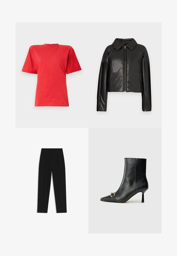 Sort kunstlæder cropped jakke med krave og lynlåslukning. Har lange ærmer og en glat, blank tekstur.; Kortærmet rød T-shirt lavet af glat stof, med rund hals og afslappet pasform. Simpelt design uden mønstre eller accenter.; Sorte bukser med lige pasform, der har dobbelte folder, en glat tekstur og et klassisk taljedesign. Ingen synlige hardware eller accenter.; Sort læder ankelstøvle med spidse tæer, slank hæl i mellemhøjde og sølvspænde detaljer på siden mod en ensfarvet baggrund.
