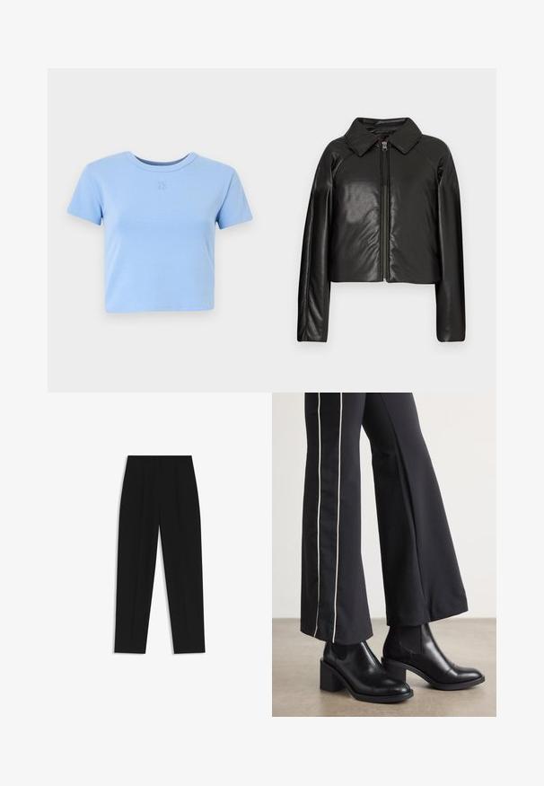 Svart imitationläder kortjacka med krage och dragkedjestängning. Har långa ärmar och en slät, glänsande yta.; Ljusblå kortärmad t-shirt i mjukt bomullsmaterial, med rund halsringning. "HUGO"-logotyp prydd på framsidan.; Svarta byxor med rak passform, med dubbla fickor, en slät yta och en klassisk midje-design. Ingen synlig hårdvara eller detaljer.; Svarta läderankelboots med klack, med elastiska sidopaneler. I kombination med svarta byxor som har en vit sidostrip.