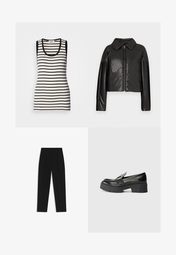 Schwarze Kunstleder-Cropped-Jacke mit Kragen und Reißverschluss. Mit langen Ärmeln und glatter, glänzender Textur.; Ärmelloses Tanktop mit schwarz-weiß gestreiftem Muster, gerippter Textur und rundem Halsausschnitt. Schwarze Besätze an den Schultern und am Halsausschnitt.; Schwarze Hose mit geradem Schnitt, doppelten Falten, einer glatten Textur und einem klassischen Bunddesign. Keine sichtbaren Beschläge oder Akzente.; Schwarze Leder-Lederschuhe mit dicker Gummisohle. Merkmale einen Schnallenakzent und gestickte Details entlang des Obermaterials. Flacher Absatz.