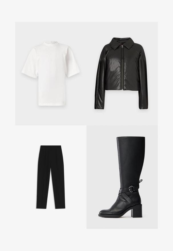 Giacca cropped nera in ecopelle con colletto e chiusura a zip. Caratterizzata da maniche lunghe e una texture liscia e lucida.; Maglietta bianca a maniche corte in cotone con colletto alto e vestibilità dritta. Nessun motivo o accento visibile. Dettagli delle cuciture sulle spalle.; Pantaloni neri a taglio dritto, con doppie pieghe, una texture liscia e un design classico in vita. Nessun hardware o dettaglio visibile.; Stivale in pelle nera fino al polpaccio con tacco a blocco e cinturino decorativo con fibbia argentata su uno sfondo chiaro e semplice.