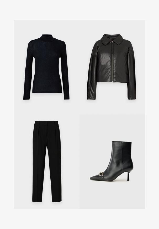 Schwarze Kunstleder-Cropped-Jacke mit Kragen und Reißverschluss. Mit langen Ärmeln und glatter, glänzender Textur.; Samsøe Samsøe DOU - Langarmshirt - black; Schwarze, maßgeschneiderte Hose mit geradem Schnitt, gefaltetem vorderen Teil, glänzender Oberfläche und mittelhohem Bund. Keine sichtbaren Taschen oder Hardware-Details.; Schwarze Leder-Stiefelette mit spitzer Zehe, schlankem, mittelhohem Absatz und silberner Schnalle seitlich vor einem schlichten Hintergrund.